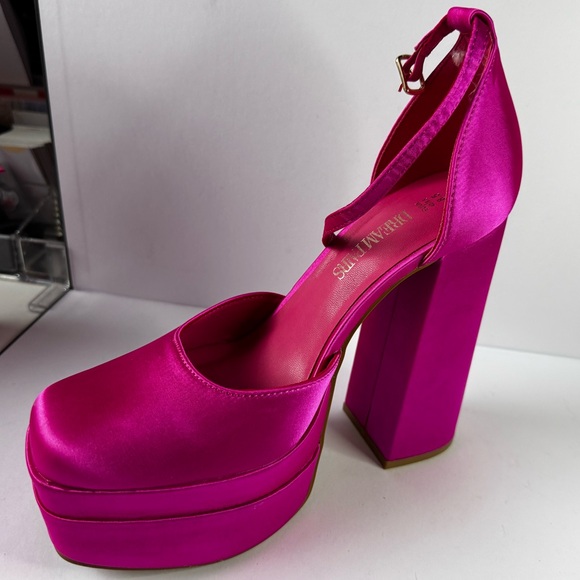 Barbie Hot Pink Platform Ankle Strap Block Heel Pumps Satin Size 8.5